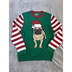 Ugly Christmas Sweater Pug Dog Santa Hat Striped Sleeves Green XL